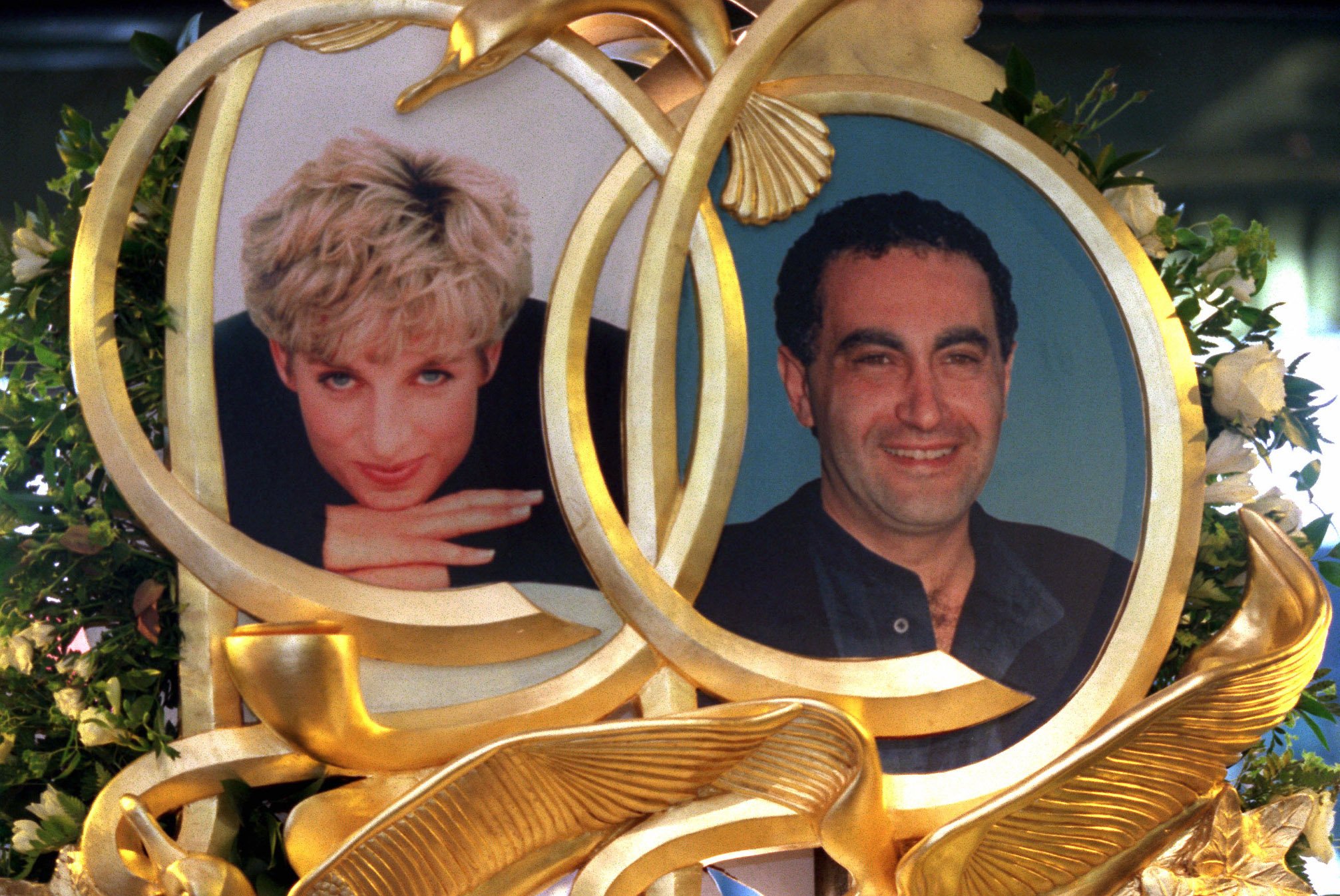 Photos of Princess Diana and Dodi Fayed incorporated into the work exhibited at Harrods. / Source: Getty Images