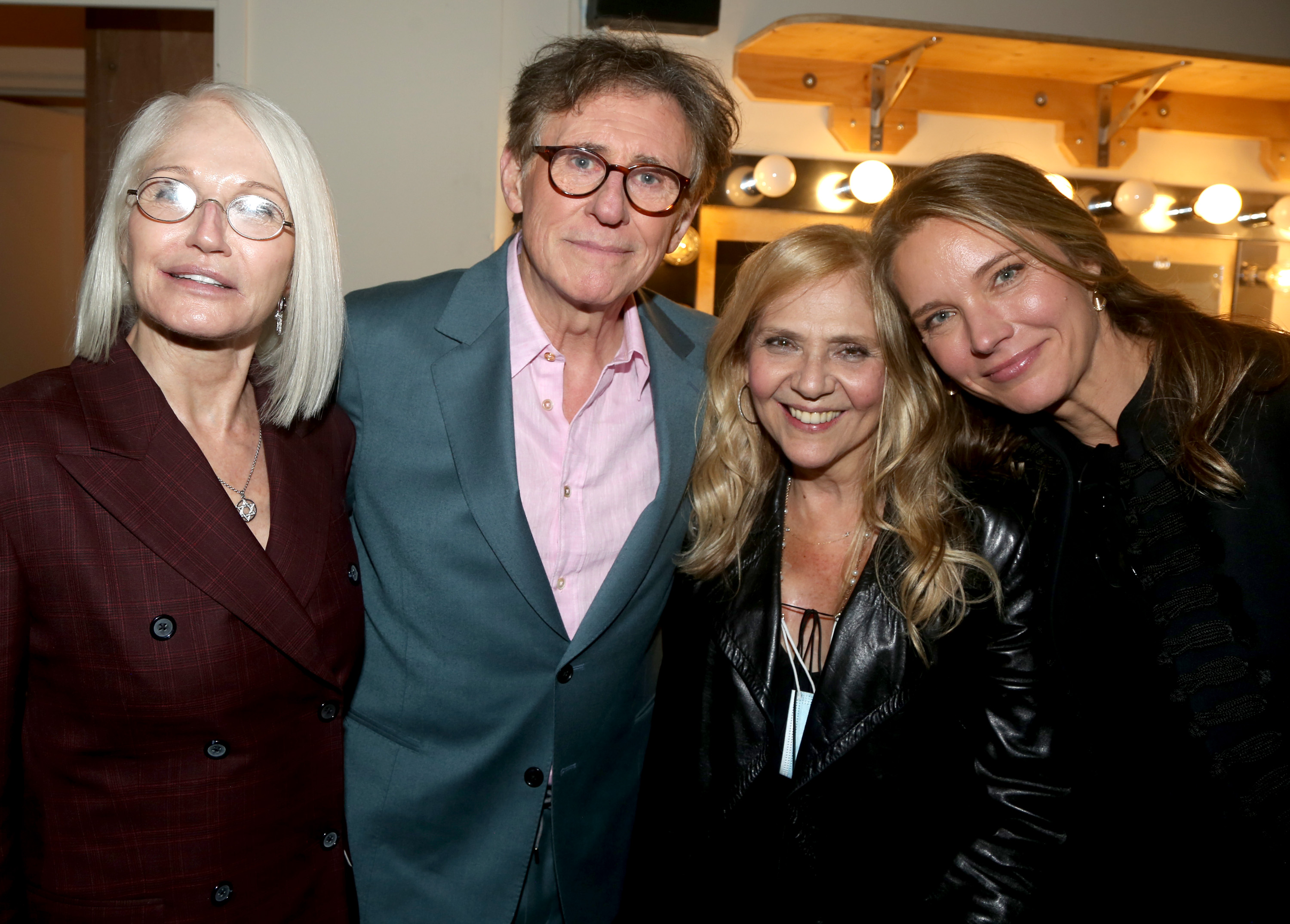 (L-R) Ellen Barkin, Gabriel Byrne, Doris Barkin and Hannah Beth King pose backstage at the opening night Byrne’s one man show on Broadway at The Music Box Theatre, on October 27, 2022, in New York City. | Source: Getty Images