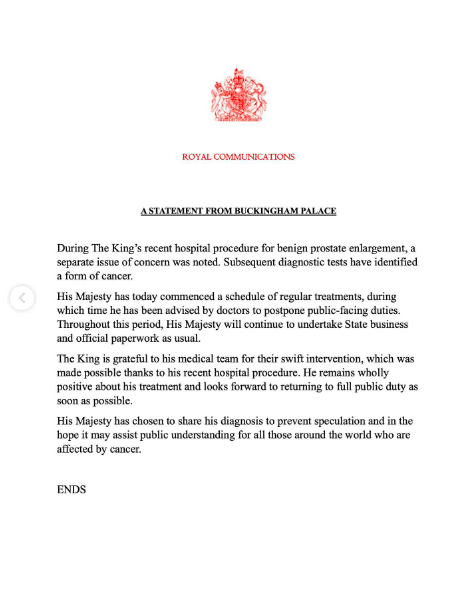 Buckingham Palace's King Charles III's cancer announcement posted on February 6, 2024 | Source: Instagram/theroyalfamily