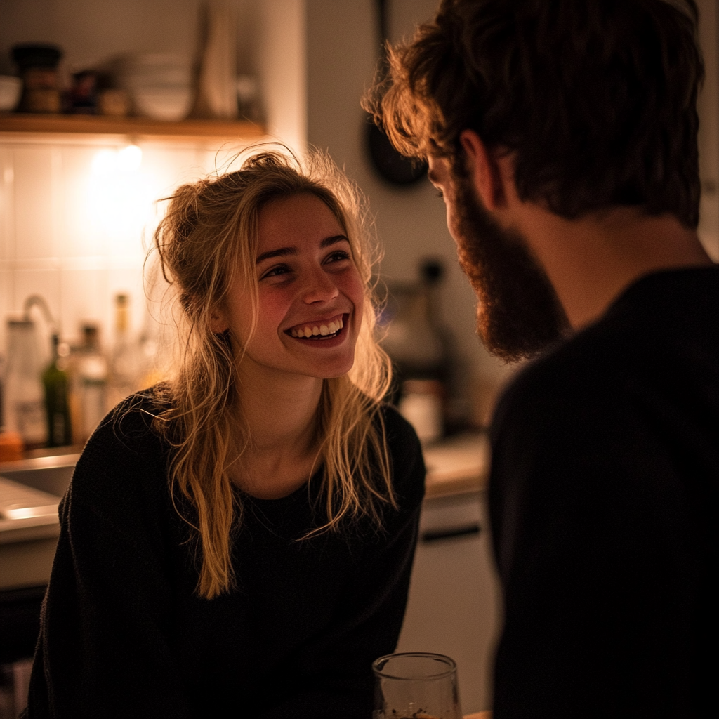 A smiling woman talking to her husband | Source: Midjourney