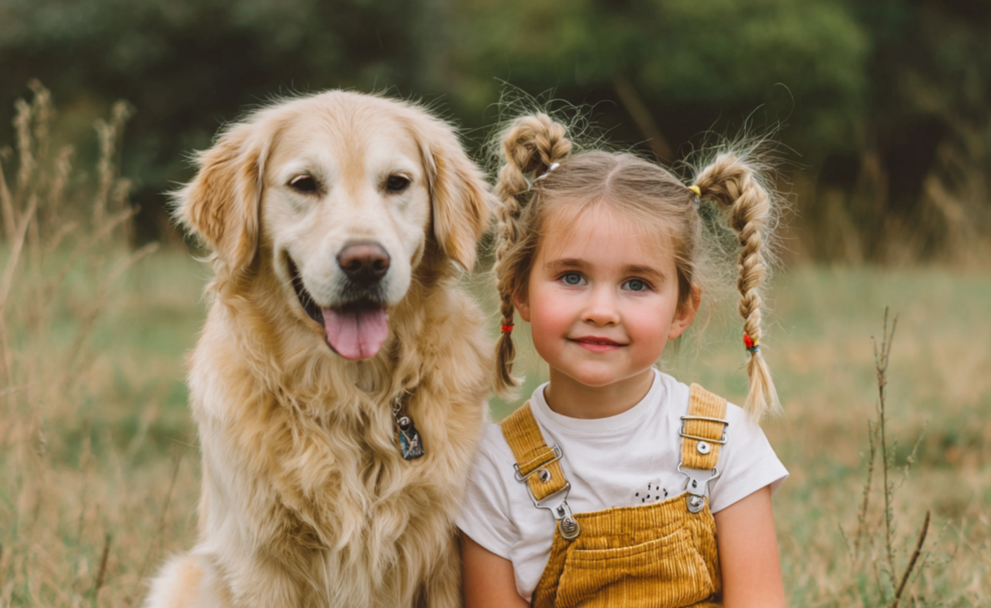 A smiling little girl sitting with a dog | Source: Midjourney