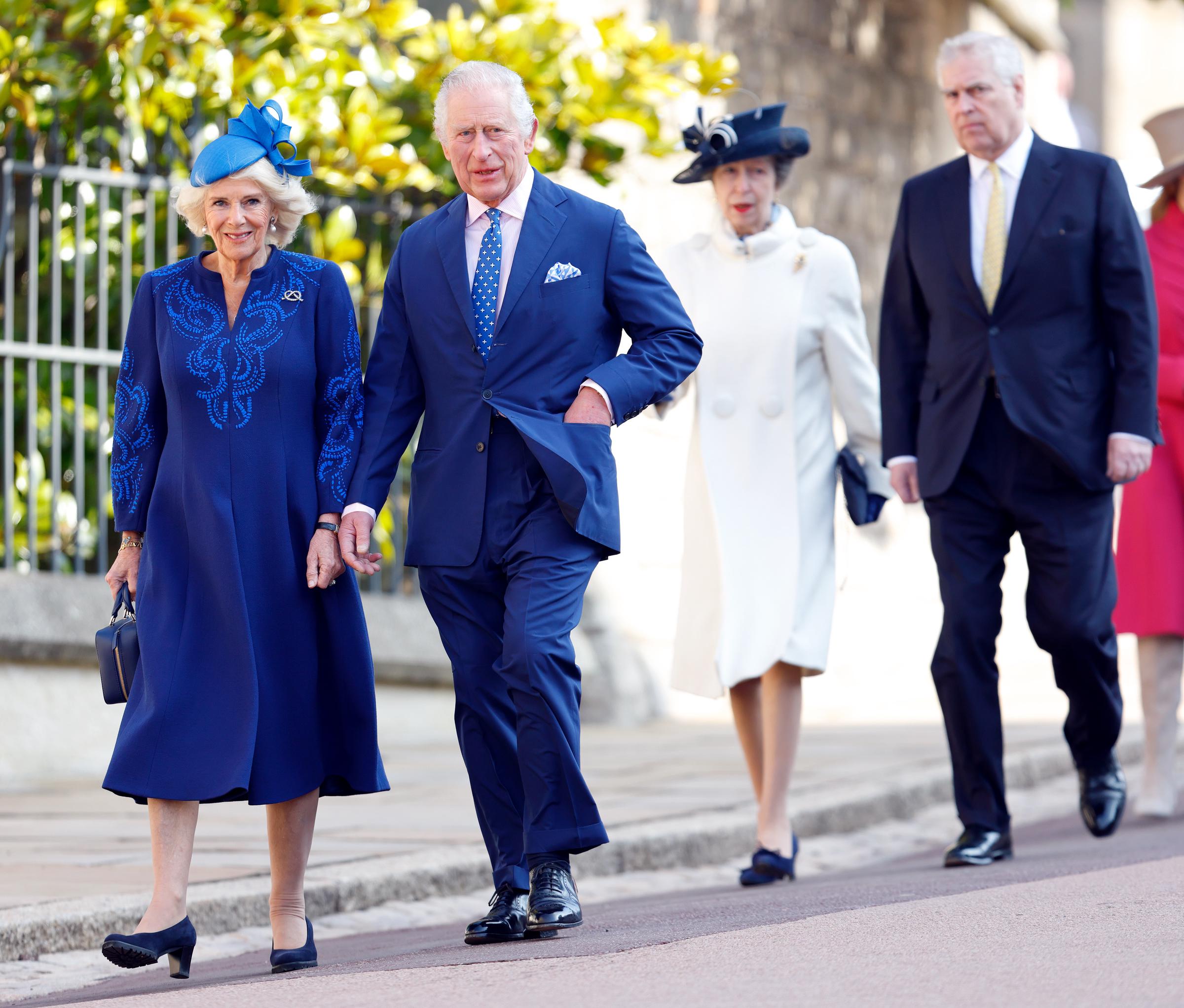 Queen Camilla, King Charles III, Princess Anne, and Prince Andrew, Duke of York, at the traditional Easter Sunday Mattins Service at St. George's Chapel on April 9, 2023, in Windsor, England. | Source: Getty Images