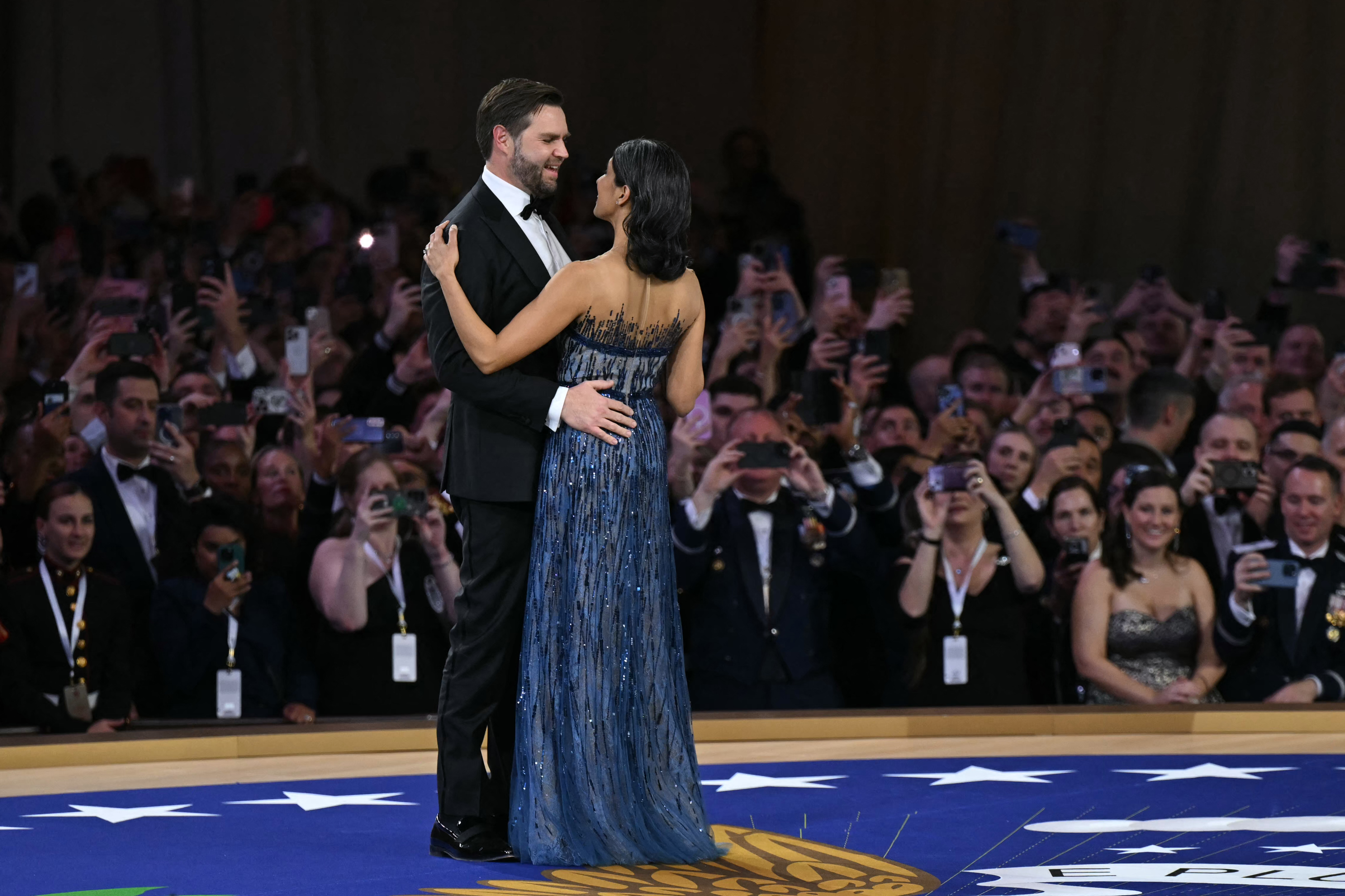 US Vice President J.D. Vance and his wife Usha dance to The Battle Hymn of the Republic during the Commander-In-Chief inaugural ball in Washington, DC, on January 20, 2025 | Source: Getty Images