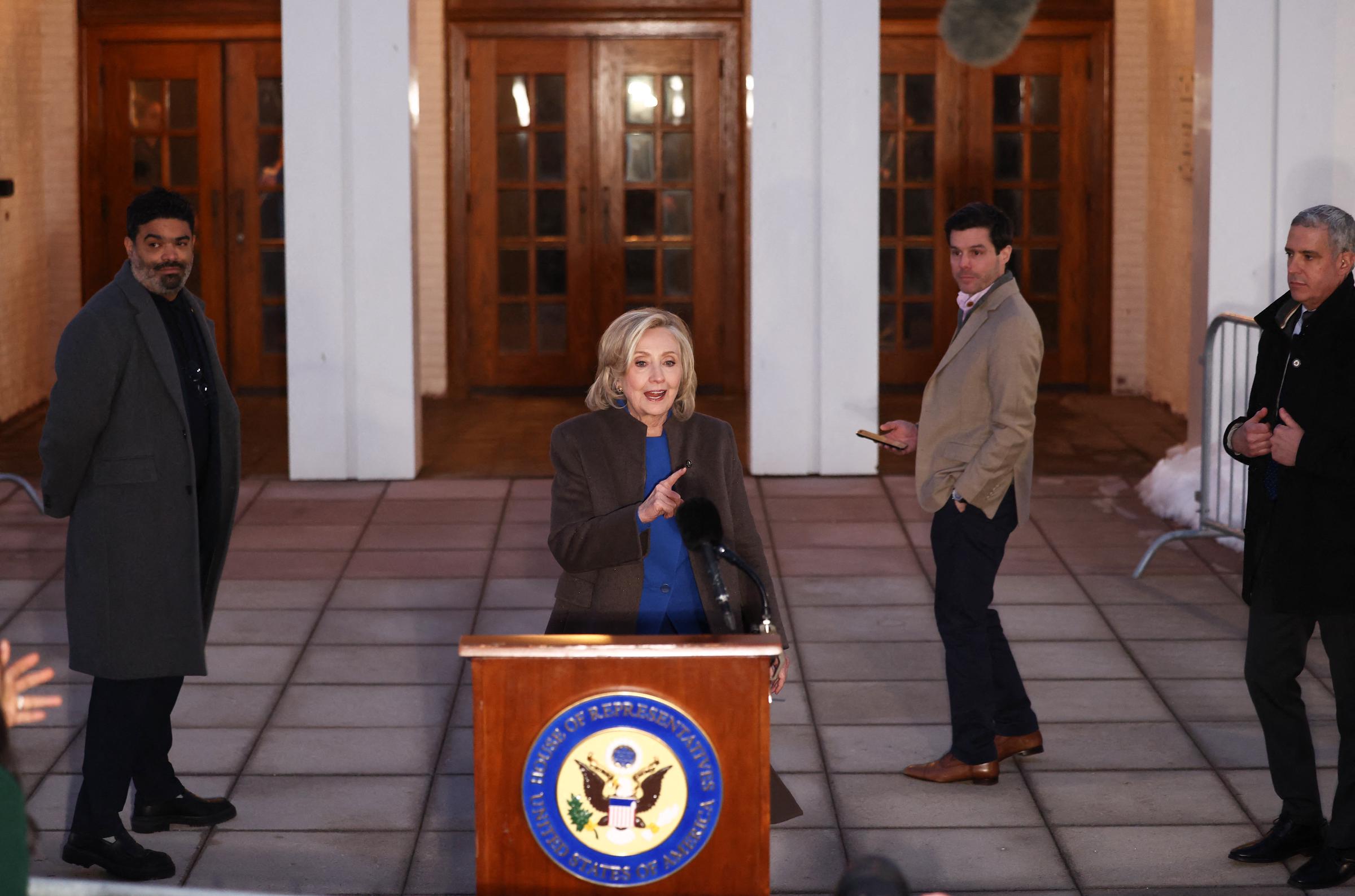Hillary Clinton speaks to the press after testifying in a deposition with the House Oversight Committee at the Chappaqua Performing Arts Center on February 26, 2026 in New York | Source: Getty Images