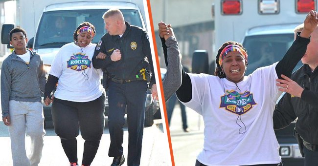 Asia pictured with her son Terrence and Lt. Gregory after reaching the finishing line. | Photo: twitter.com/louisvillemayor