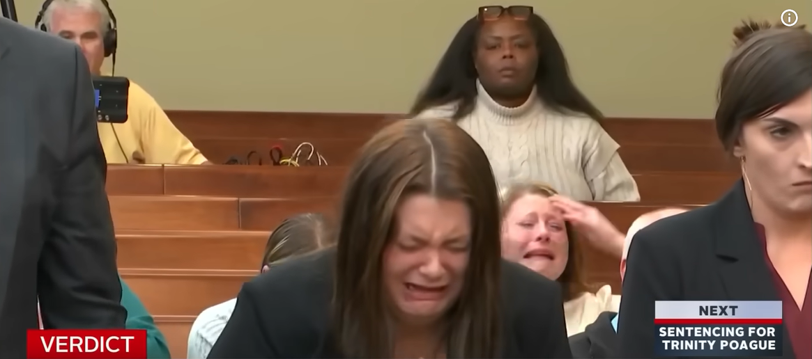 Trinity Poague bends over in tears after hearing the first verdict against her, as seen from a video post dated December 5, 2025. | Source: YouTube/COURTTV