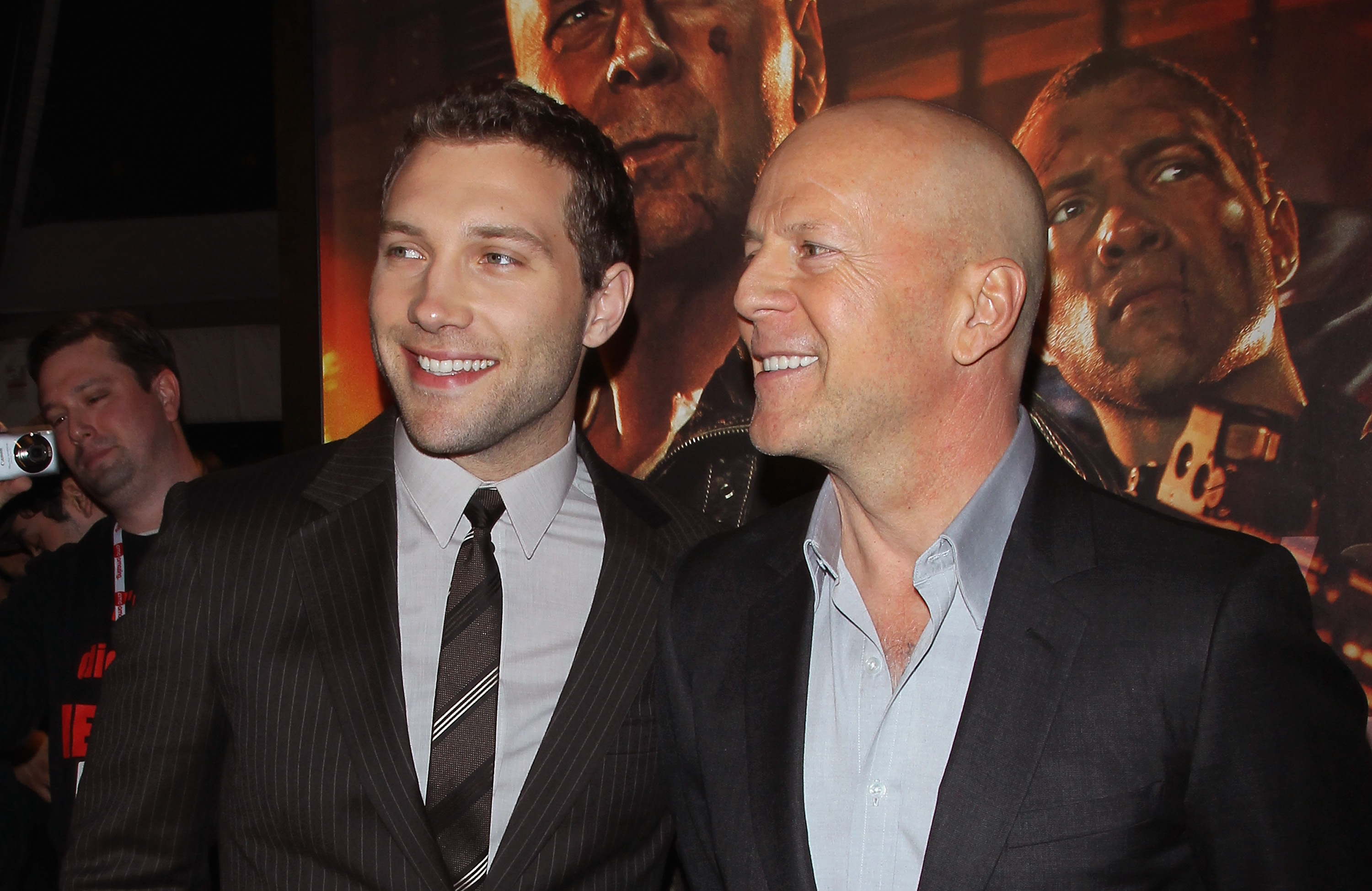 Jai Courtney and Bruce Willis at "A Good Day To Die Hard" Fan Celebration, AMC Empire, New York City, February 13, 2013 | Source: Getty Images
