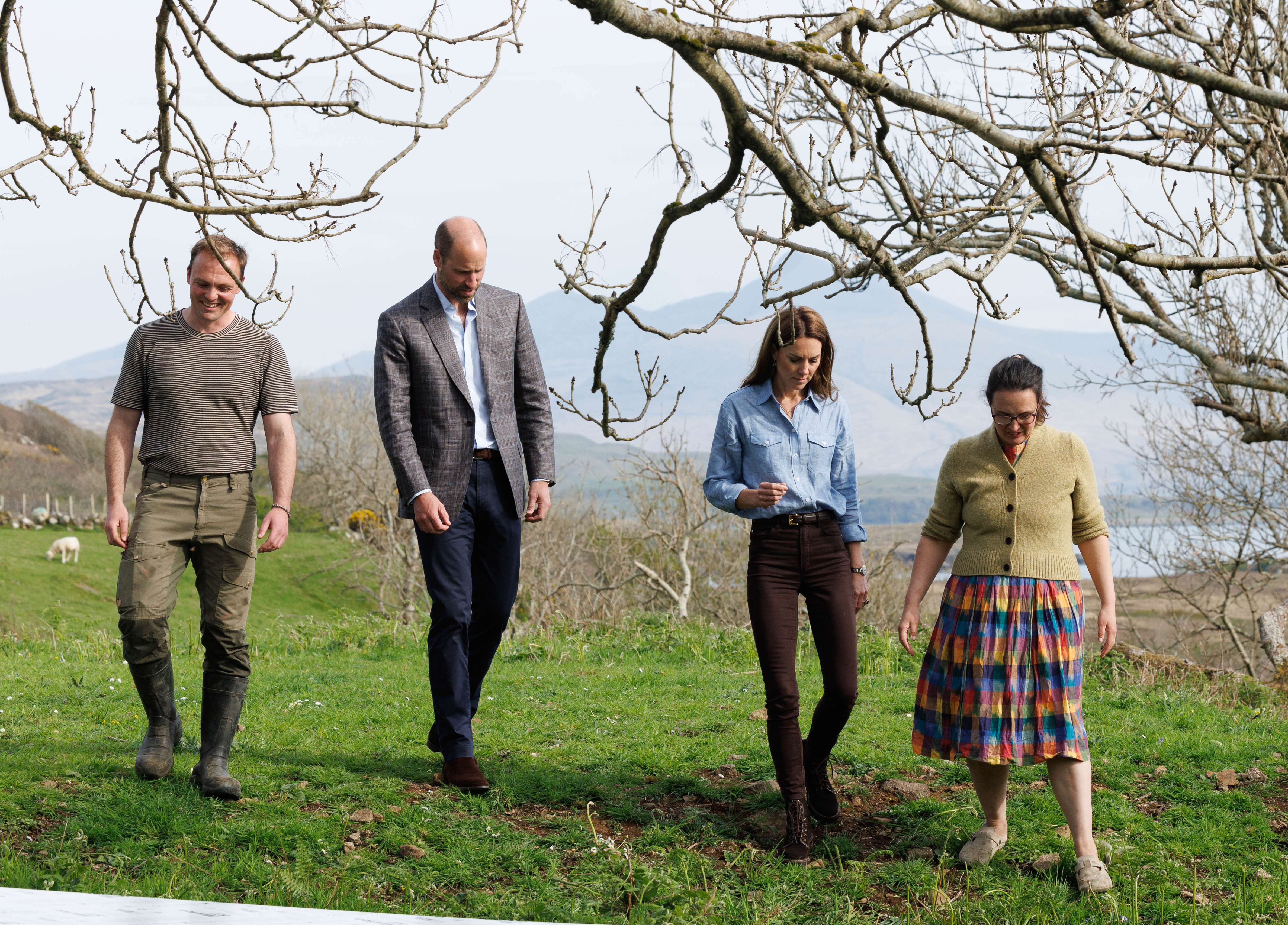 William and Catherine stroll with croft owners Jeanette Lynn and Jack Shaw on the west coast of Mull. The couple visited the rural property to learn about sustainable agriculture and the role of hospitality in island life.
