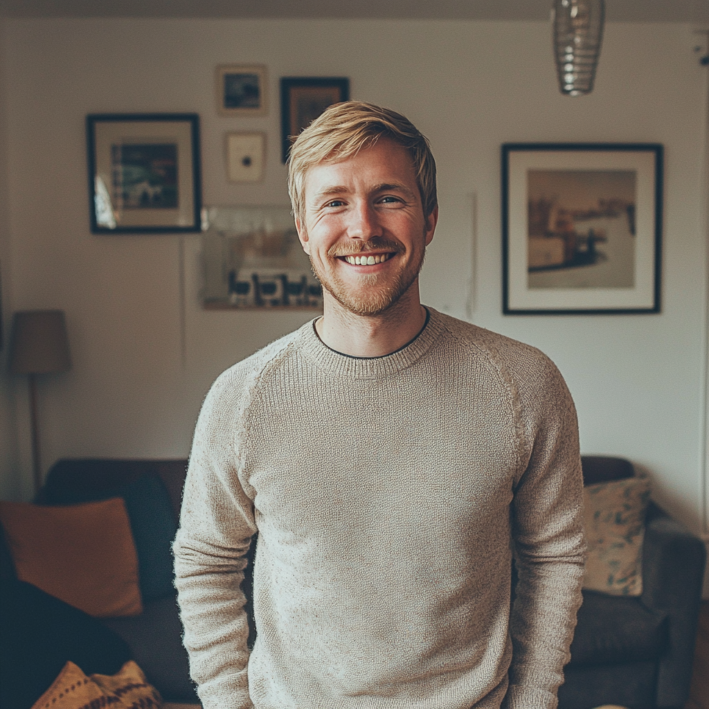 A smiling man standing in a living room | Source: Midjourney