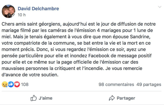 Capture d'écran du post Facebook de David Delchambre, le mari de Sandrine, la candidate de "Quatre mariages pour une lune de miel" | Photo : Facebook/daviddelchambre/