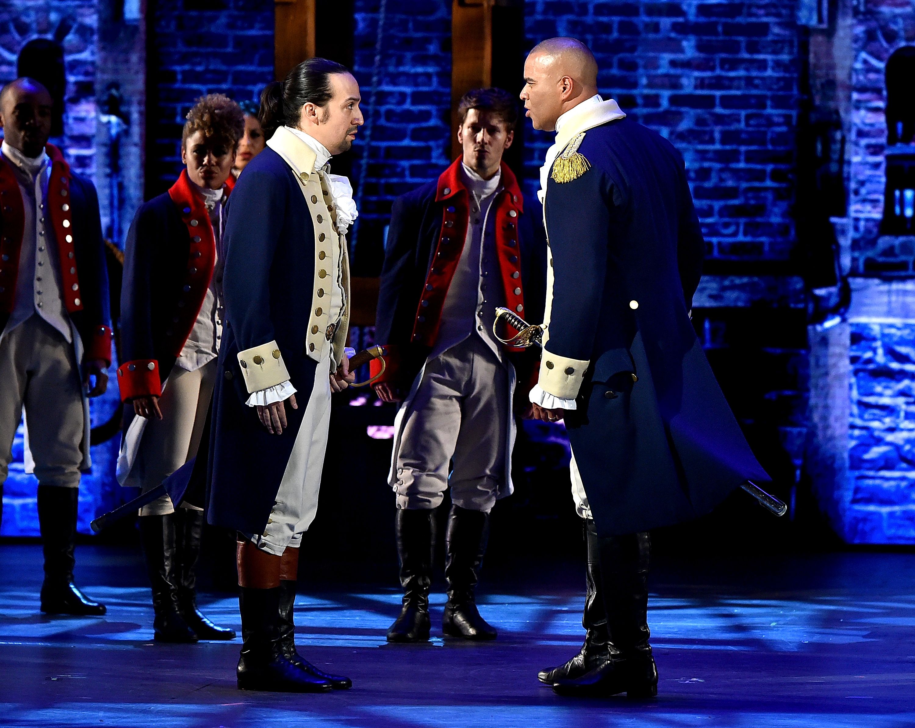 Lin-Manuel Miranda and Christopher Jackson of "Hamilton" onstage during the 70th Annual Tony Awards at The Beacon Theatre on June 12, 2016 in New York City. | Source: Shutterstock