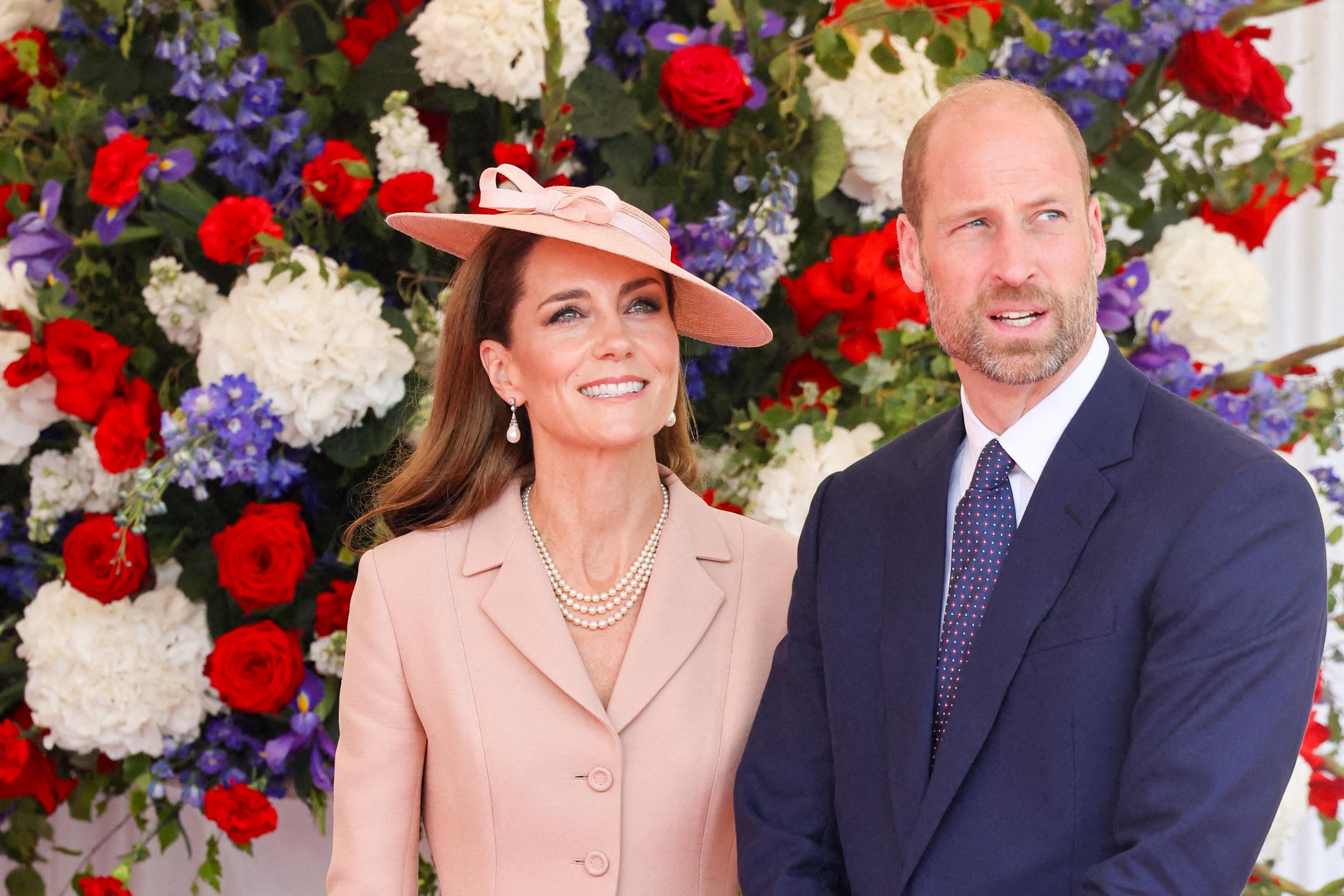Britain's Prince William and Princess Catherine, attend a ceremonial welcome for France's royalty, Emmanuel and Brigitte Macron at Windsor Castle, on July 8, 2025 | Source: Getty Images