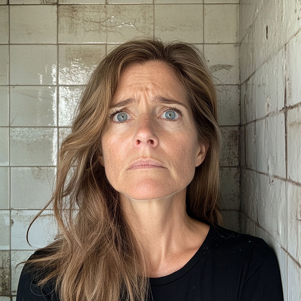 An upset woman standing in a bathroom | Source: Midjourney