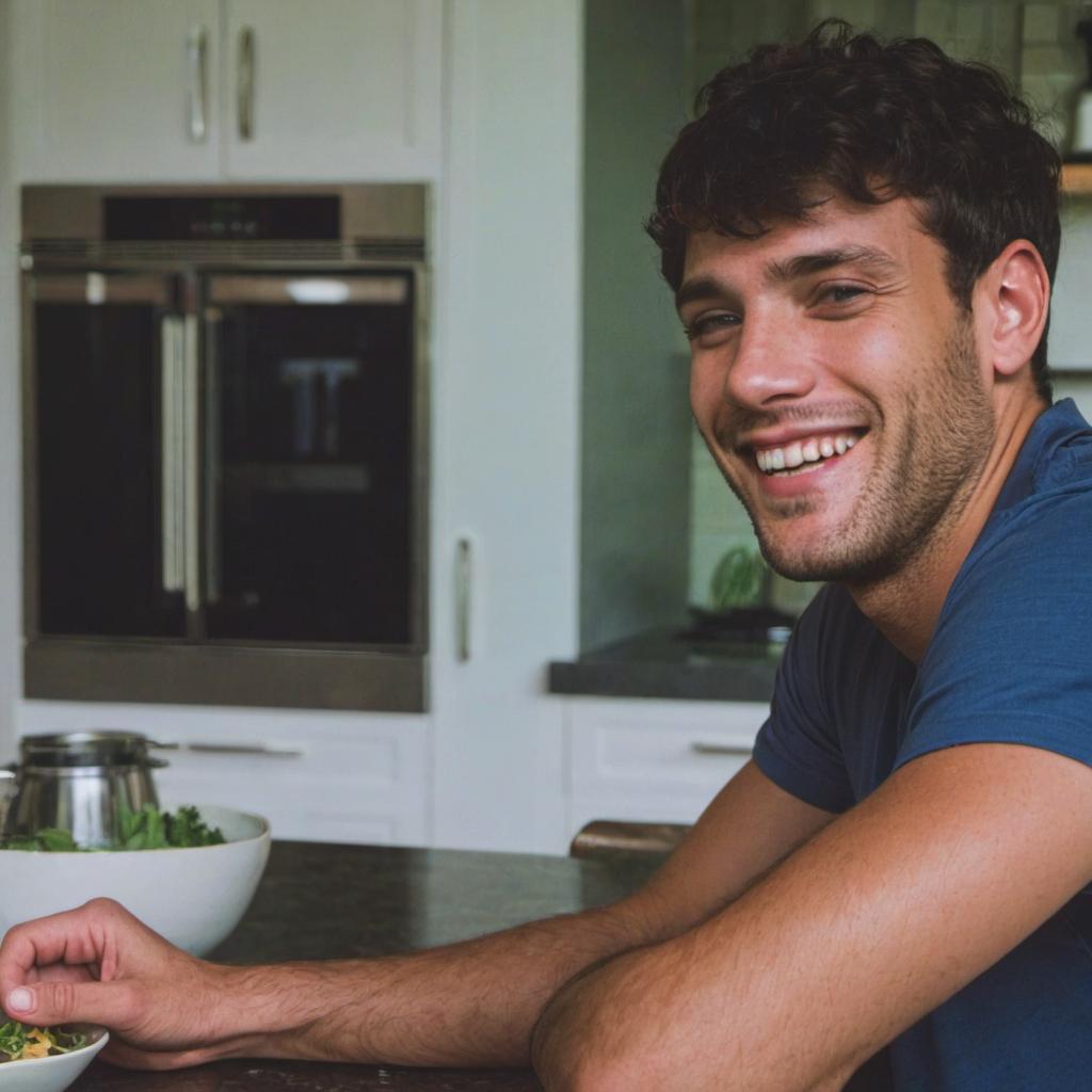 A man sitting at a kitchen table, smiling happily | Source: Midjourney