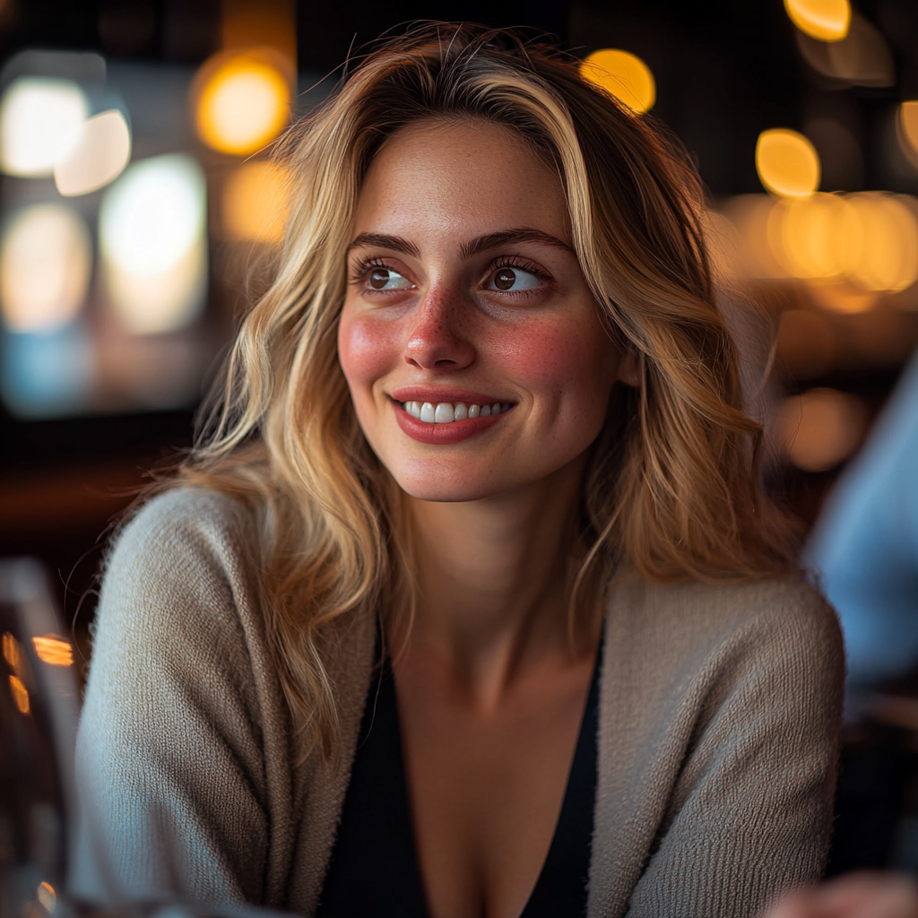 A woman smiles while sitting in a restaurant | Source: Midjourney