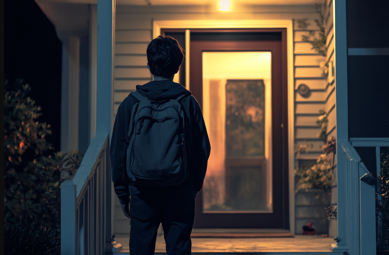 A teen boy standing outside a house | Source: Midjourney