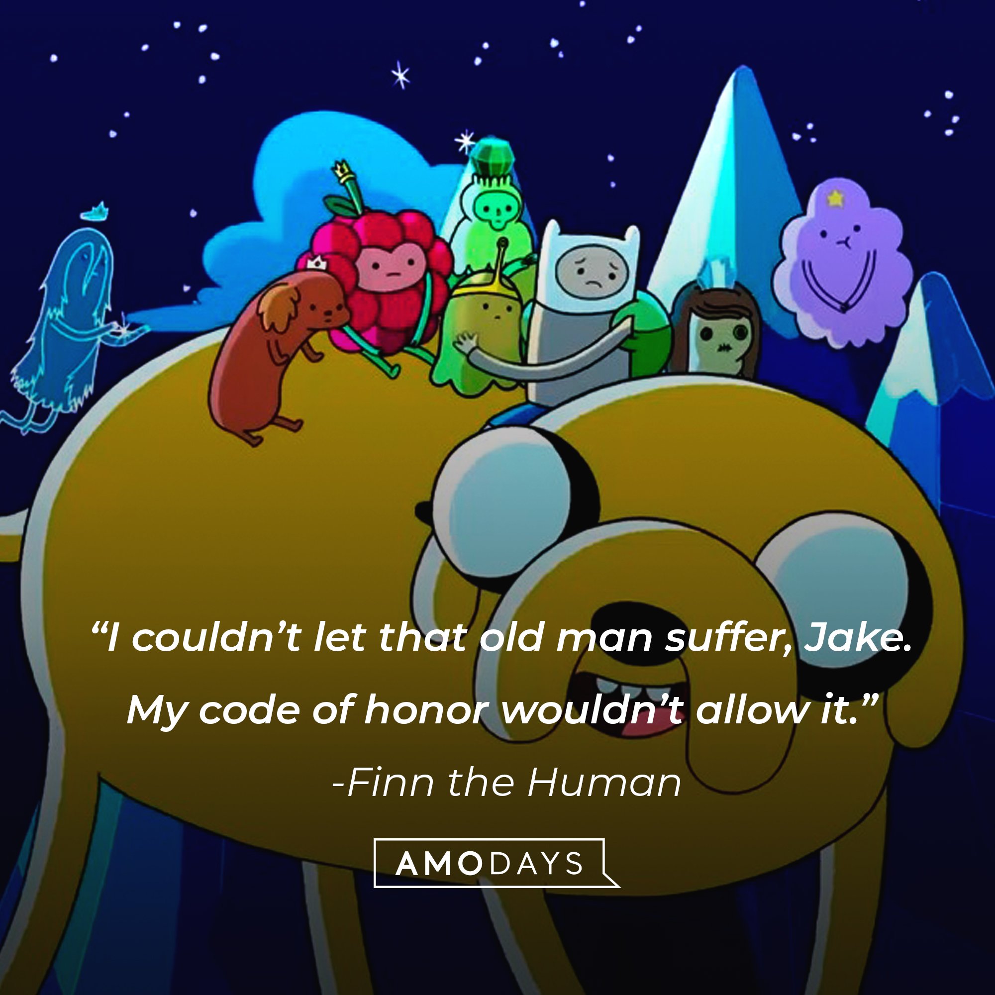    Finn the Human’s quote:  “I couldn’t let that old man suffer, Jake. My code of honor wouldn’t allow it.” | Image: AmoDays