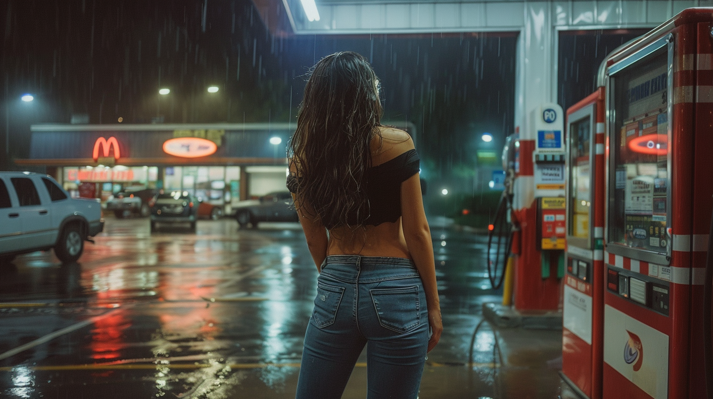 Woman standing at gas station during the storm | Source: Midjourney