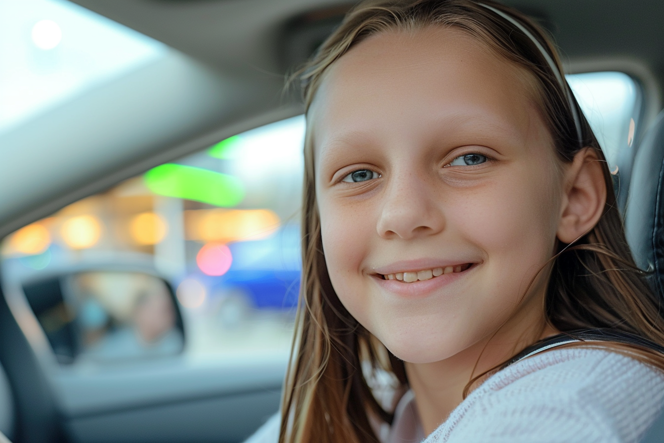 A young smiling girl in a car | Source: Midjourney