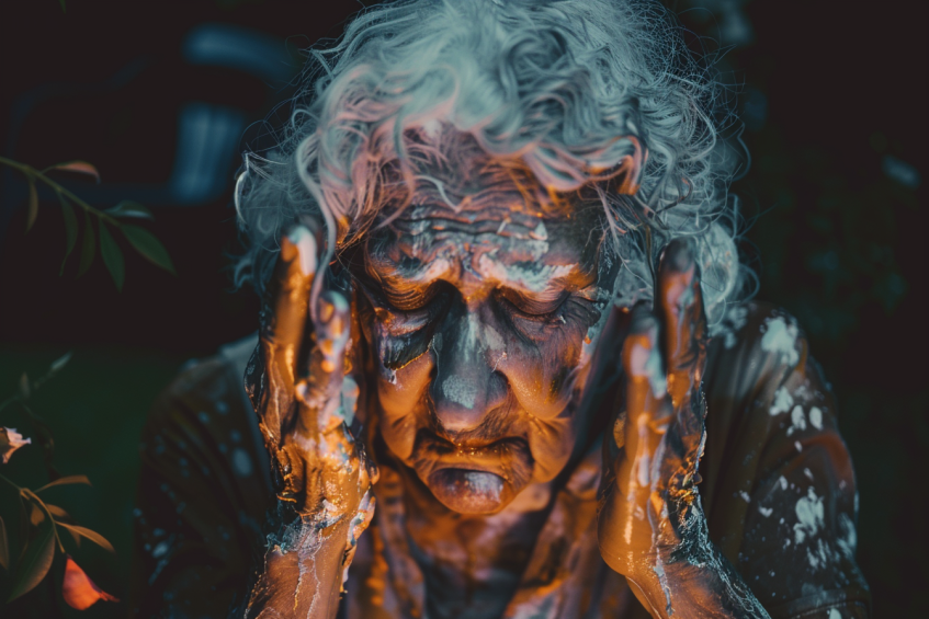 A distressed and emotional woman covered in white paint | Source: Midjourney