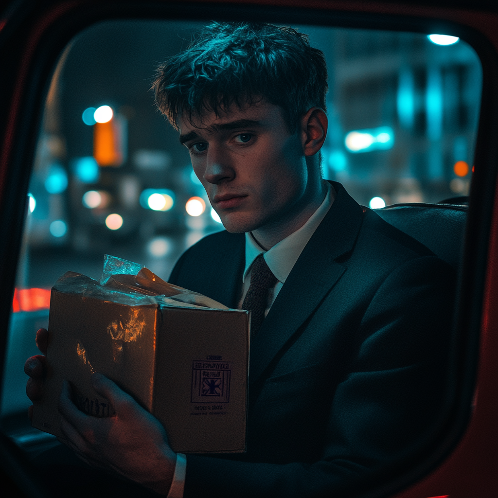 A sad man in a suit holding a box | Source: Midjourney