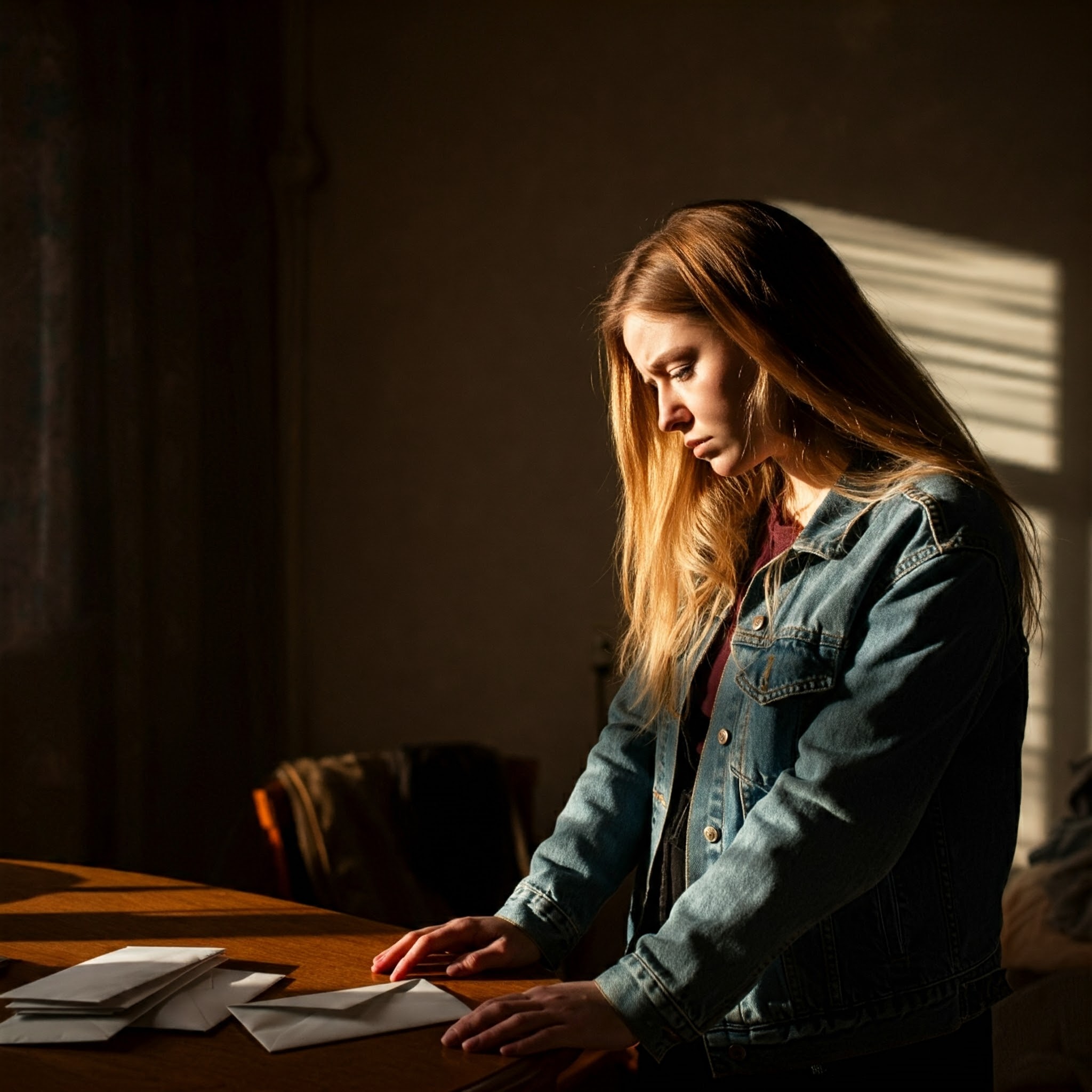 A woman looking defeated next to a table with mail | Source: Gemini