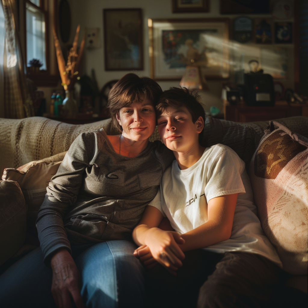 A mother and son on couch | Source: Midjourney