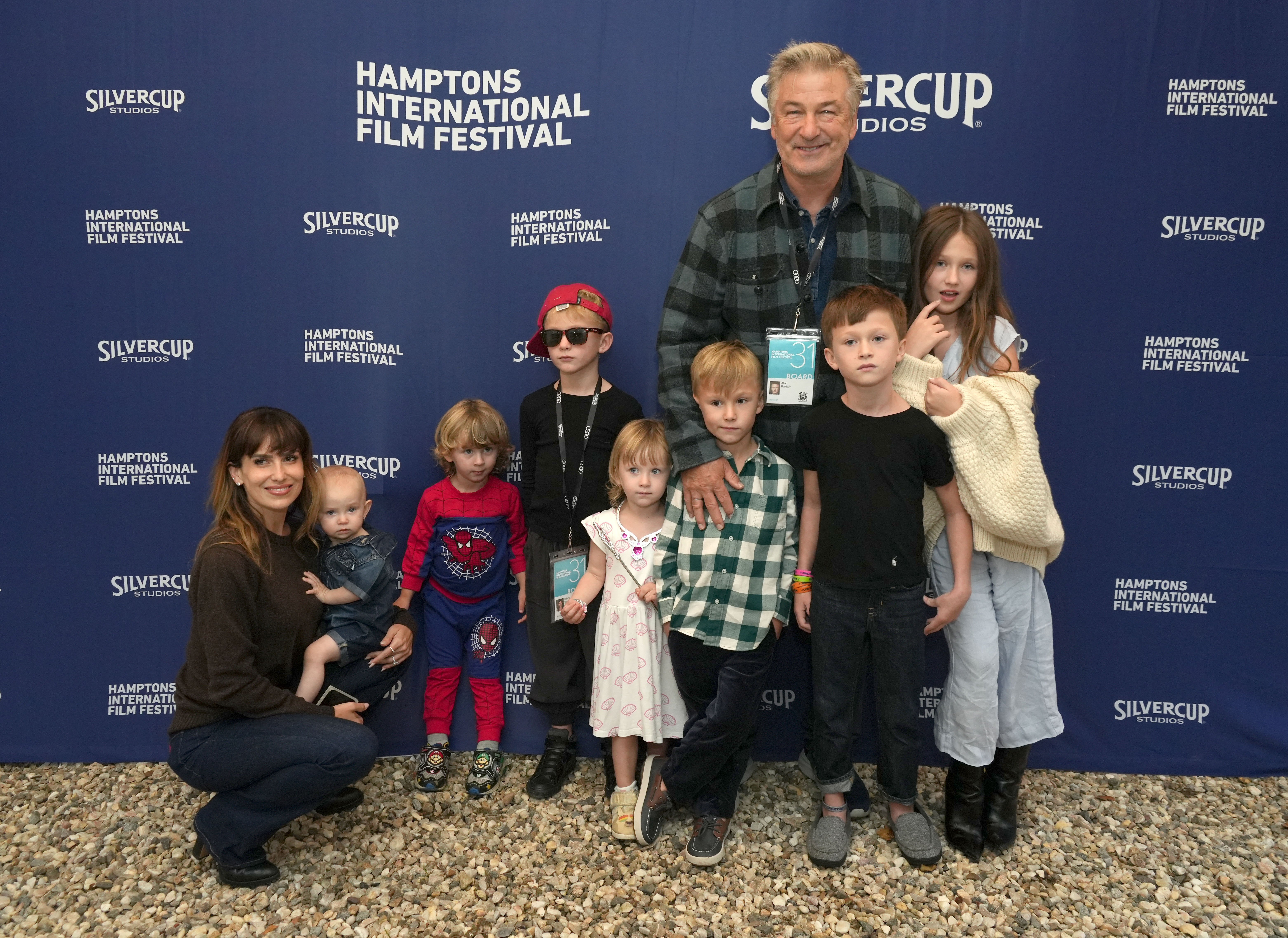 Alec Baldwin and Hilaria Baldwin and their kids (L-R) Ilaria Baldwin, Eduardo Baldwin, Leonardo Baldwin, Maria Lucia Baldwin, Romeo Baldwin, Rafael Baldwin, and Carmen Baldwin at the 2023 Hamptons International Film Festival on October 7, 2023, in East Hampton. | Source: Getty Images