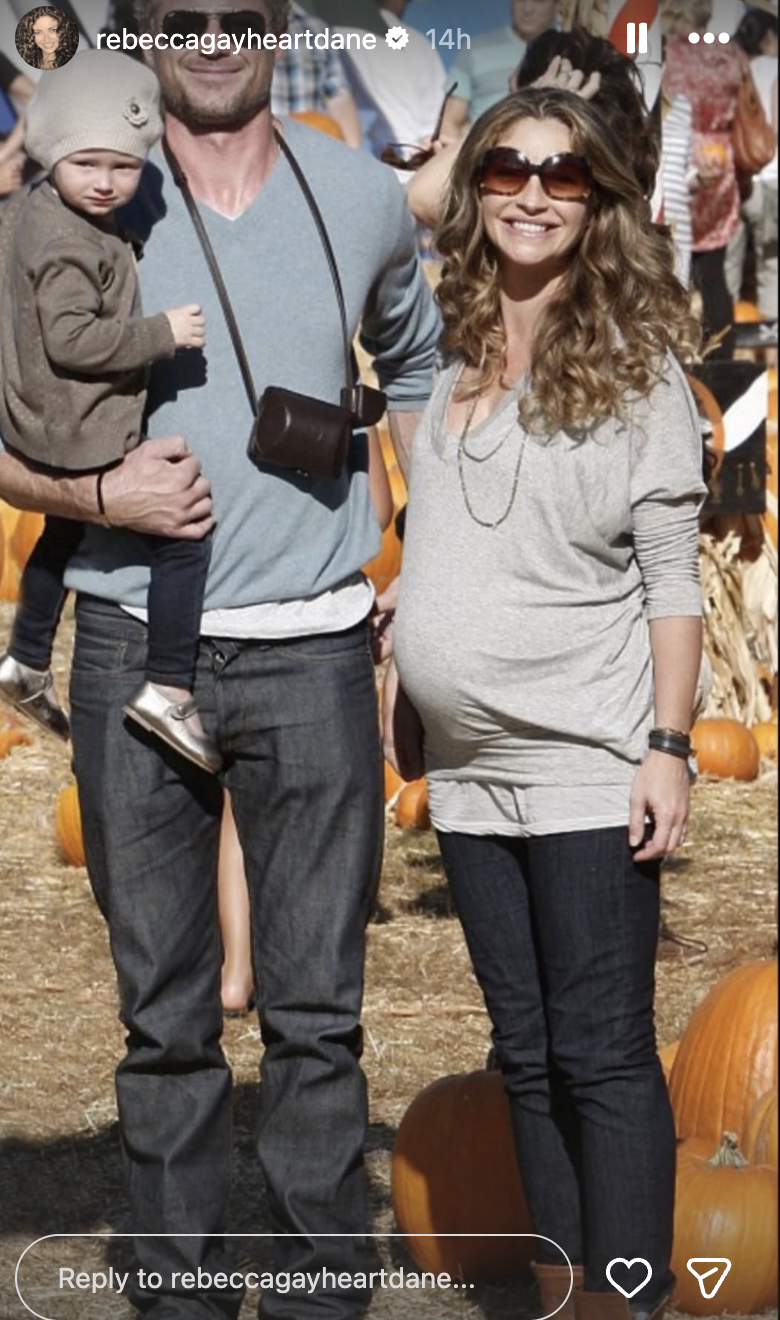 Eric Dane, Rebecca Gayheart, and their daughter, Billie Dane, smiling for the camera at a pumpkin patch event, on a story posted on February 21, 2026 | Source: Instagram/rebeccagayheartdane