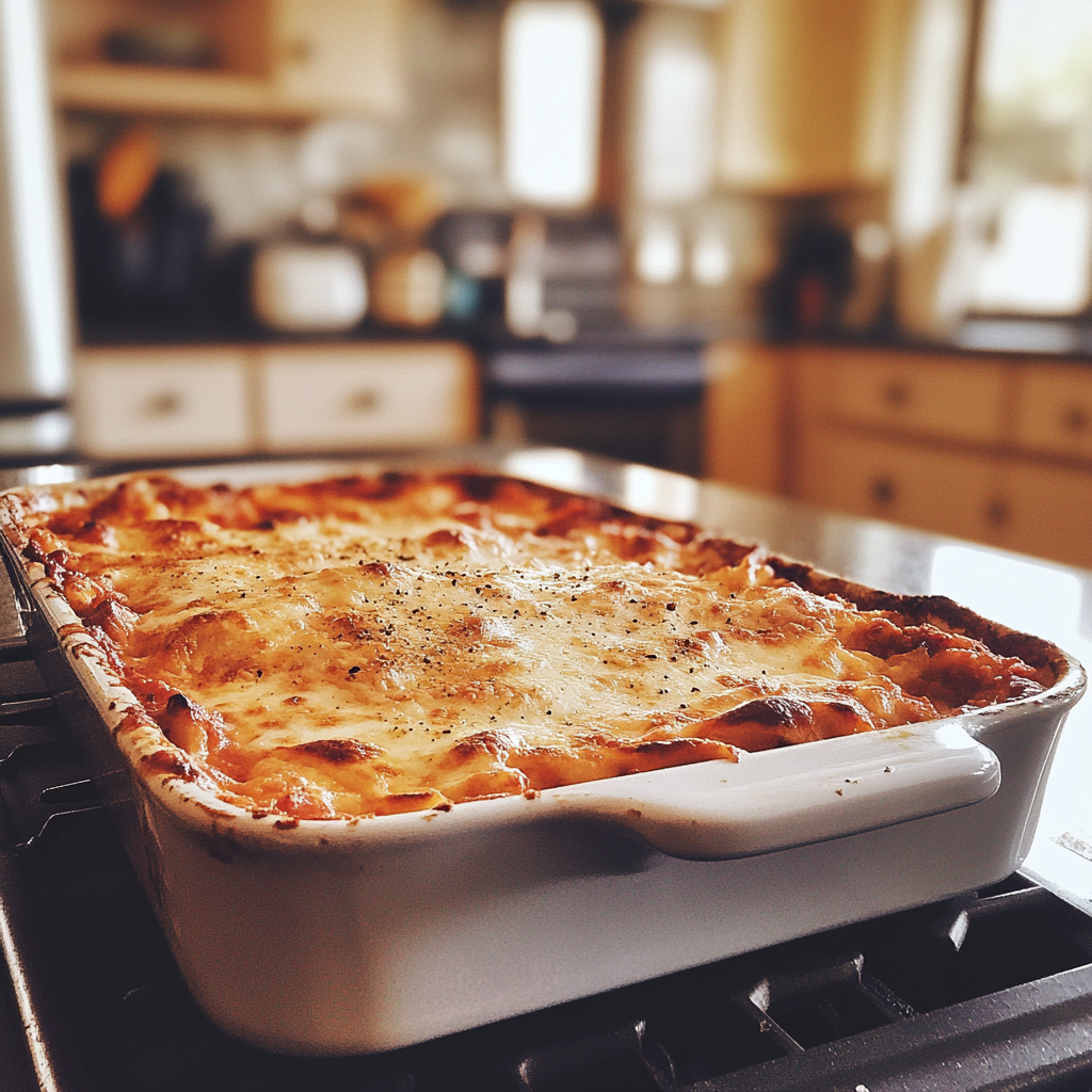 A casserole of lasagna on a counter | Source: Midjourney