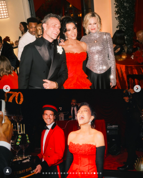 Top photo: Kris Jenner posing with Melanie Griffith and another guest. Bottom photo: Kris Jenner laughing as a server looks at her and smiles. | Source: Instagram/krisjenner