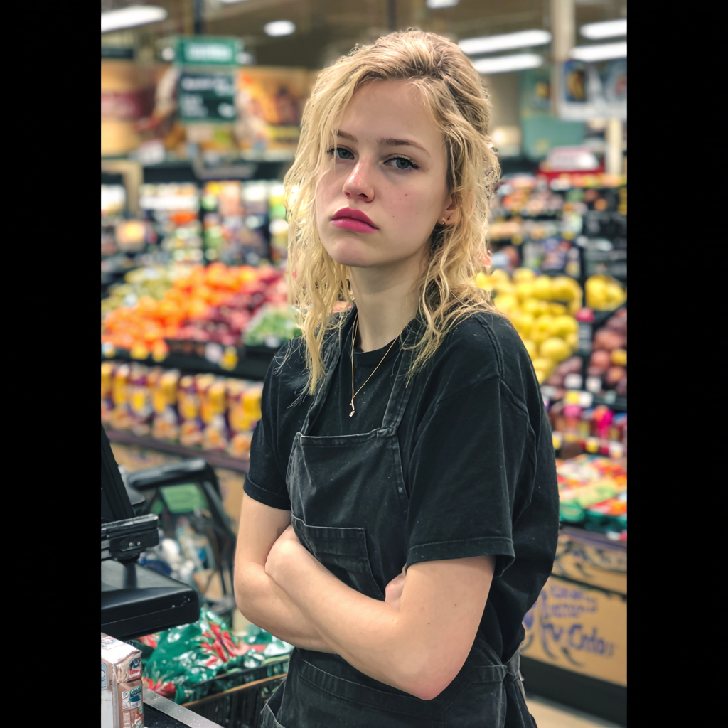 An annoyed cashier standing with folded arms | Source: Midjourney