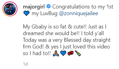 The caption on Tiny's post about her daughter, Zonnique's new born baby girl | Photo: Instagram/majorgirl