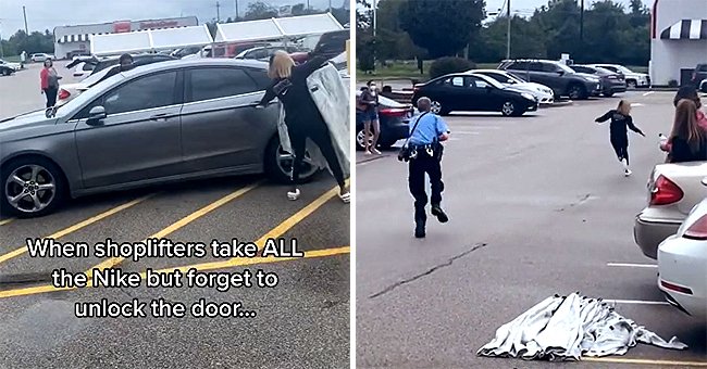 A shoplifter trying to open a vehicle’s back door [left]; The same shoplifter running away from a police guard [right]. | Source: tiktok.com/faxisfax
