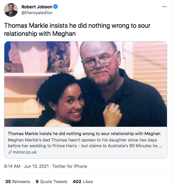 A screenshot of Meghan and Thomas Markle | Photo: twitter.com/Robert Jobson