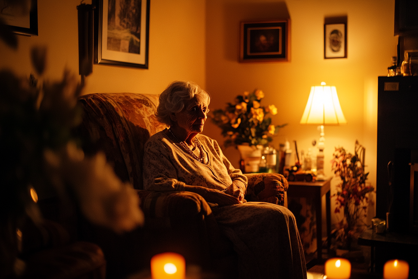 An elderly woman sitting in a living room | Source: Midjourney