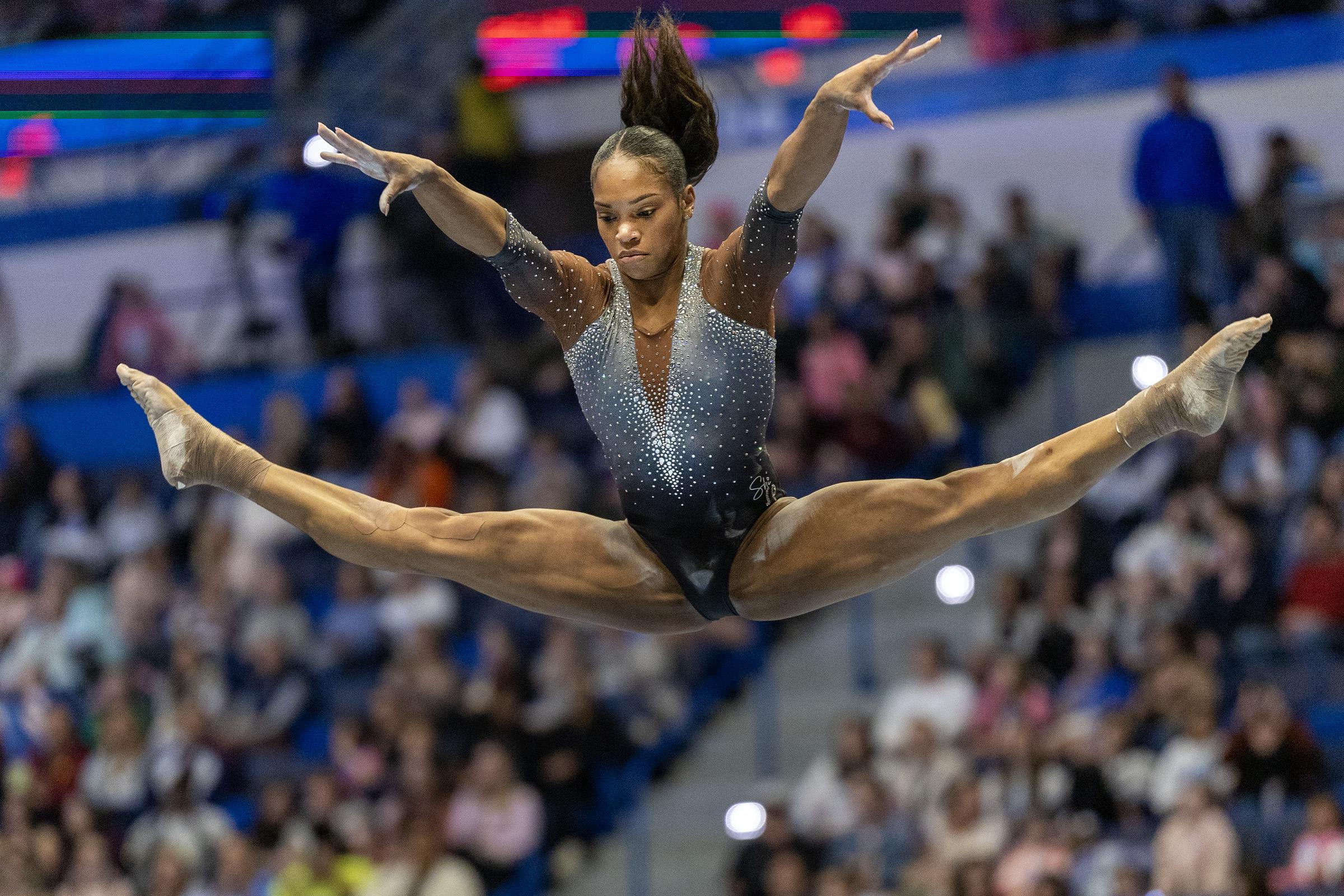 Shilese Jones performs her balance beam routine during the 2024 Core Hydration Gymnastics Classic on May 18, 2024, in Hartford, Connecticut. | Source: Getty Images