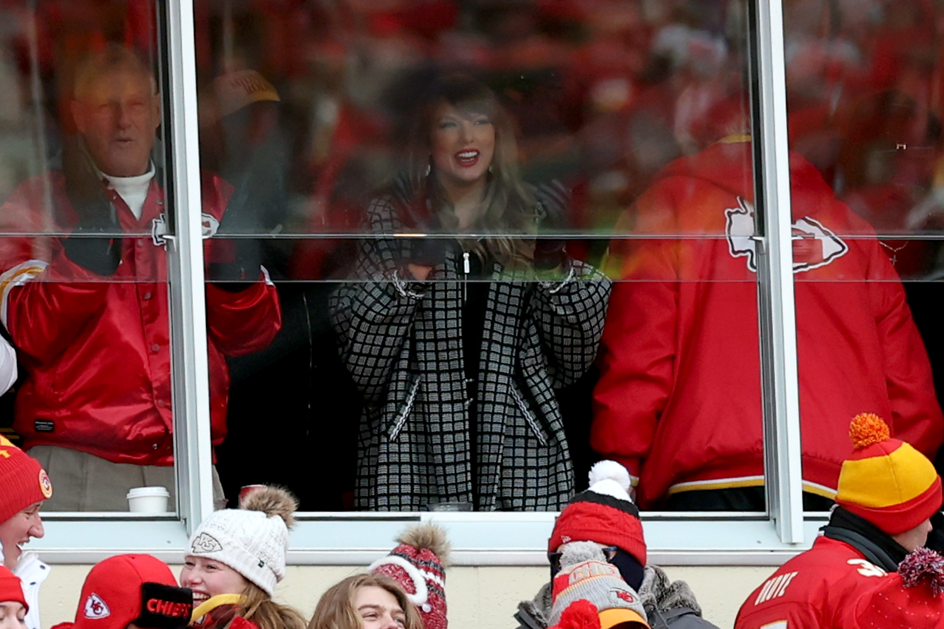 Taylor Swift celebrates a touchdown during the second quarter in the AFC Divisional Playoff between the Houston Texans and the Kansas City Chiefs at GEHA Field at Arrowhead Stadium in Kansas City, Missouri, on January 18, 2025 | Source: Getty Images