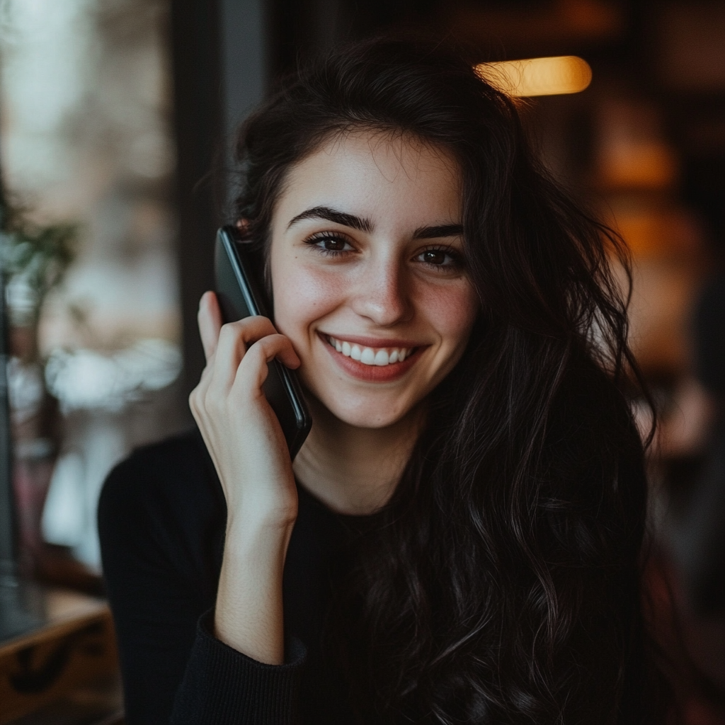 Woman smiles while on the phone. | Source: Midjourney