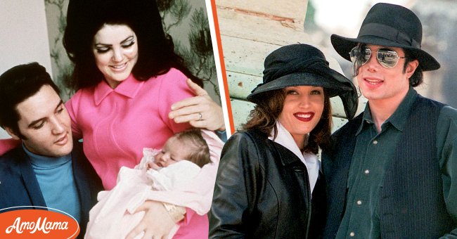 Elvis Presley and his wife, Priscilla, prepare to leave the hospital with their new daughter, Lisa Marie. Memphis, Tennessee, February 5, 1968 [left]. Lisa Marie Presley and Michael Jackson pose at the "Chateau de Versailles" on September 5, 1994 in Versailles [right]. | Photo: Getty Images