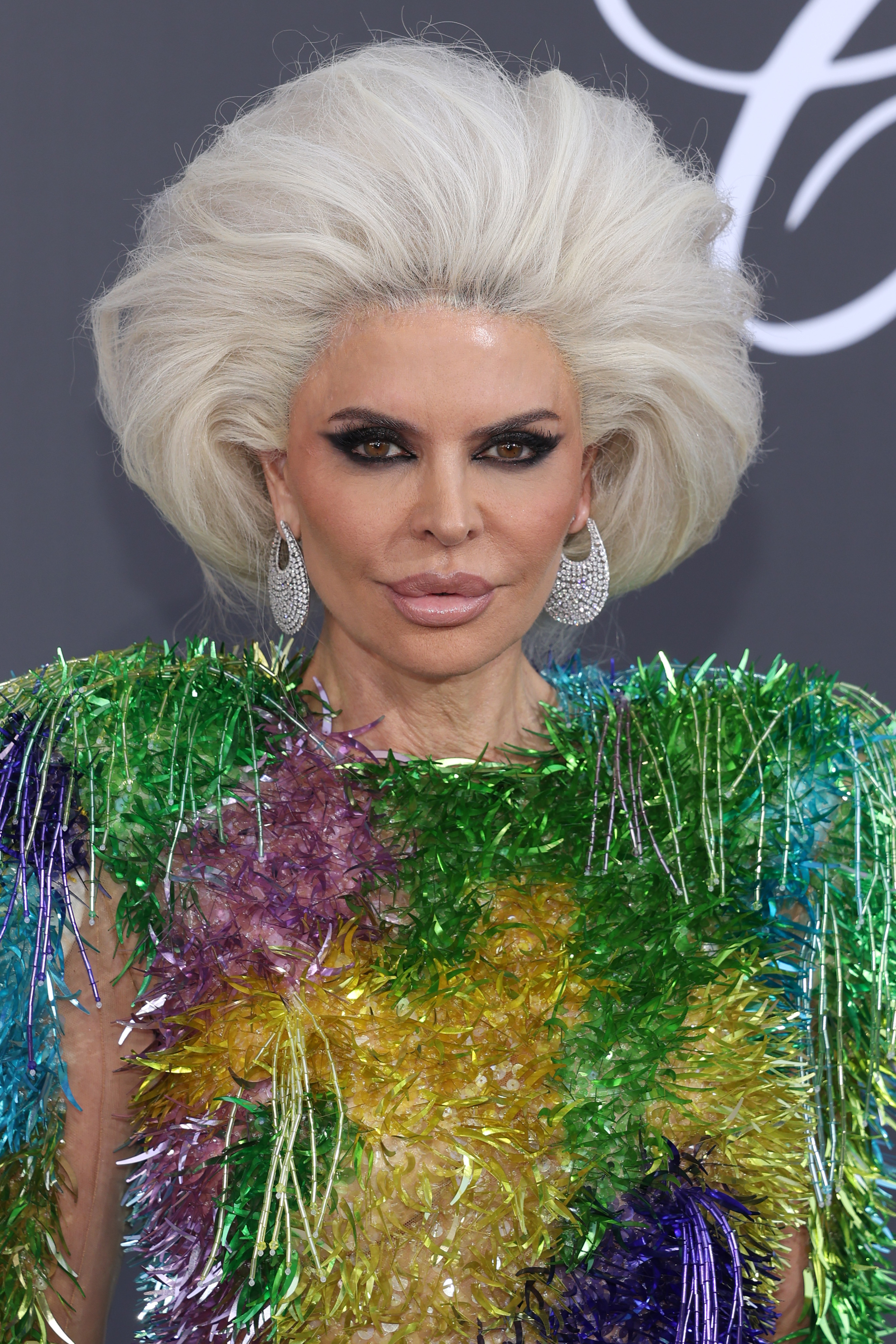 Lisa Rinna faces the camera in dramatic eye makeup and statement earrings against the dark amfAR backdrop. | Source: Getty Images