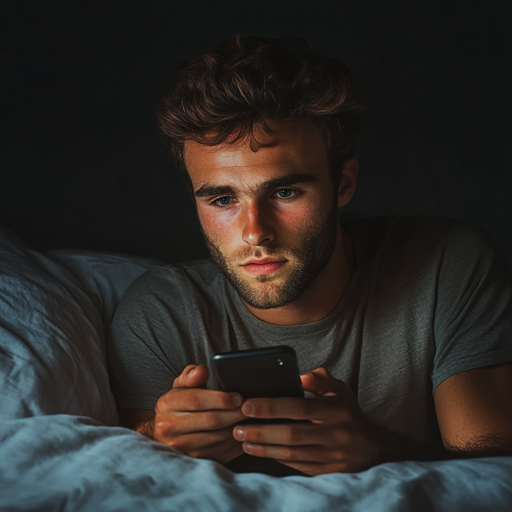 A man using a smartphone in his bedroom | Source: Midjourney