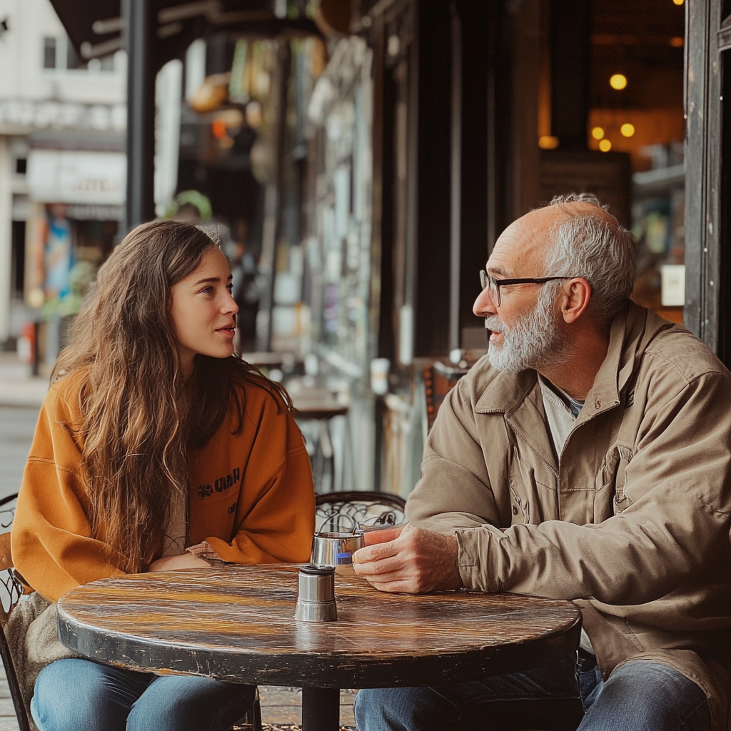 An elderly man and a young woman having a conversation | Source: Midjourney