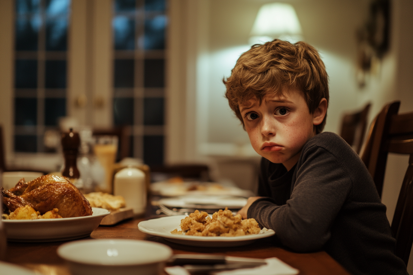 A sad boy at a dinner table | Source: Midjourney