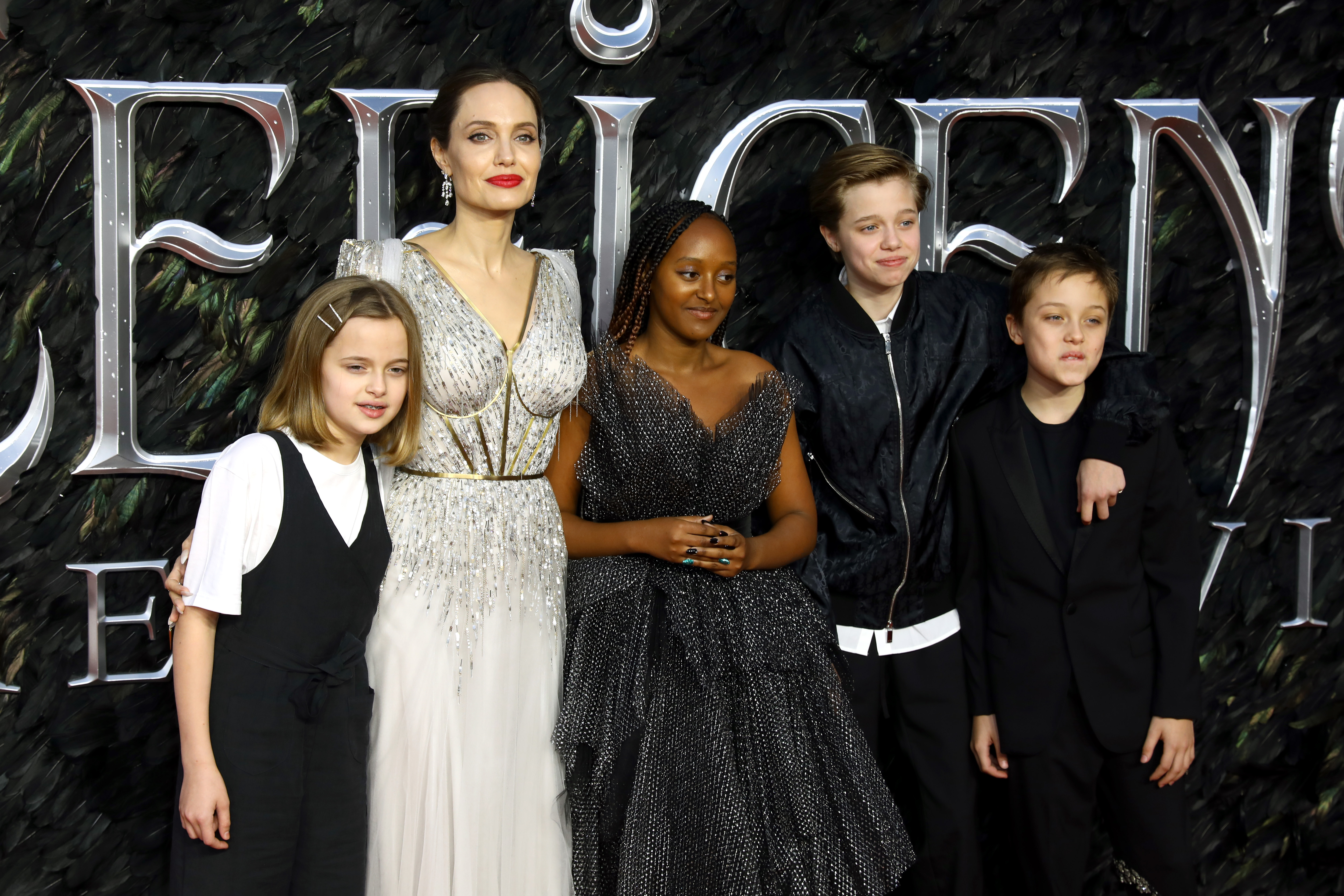 Vivienne Marcheline Jolie-Pitt, Angelina Jolie, Zahara Marley Jolie-Pitt, Shiloh Nouvel Jolie and Knox Jolie-Pitt attend the European premiere of "Maleficent: Mistress of Evil" at Odeon IMAX Waterloo on October 9, 2019 in London, England. | Source: Getty Images