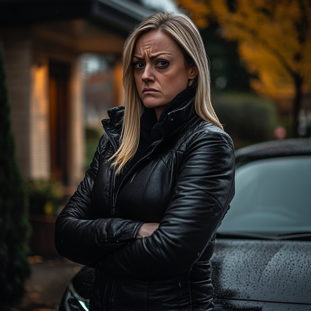 A woman looks stressed standing next to her car in the rain | Source: Midjourney