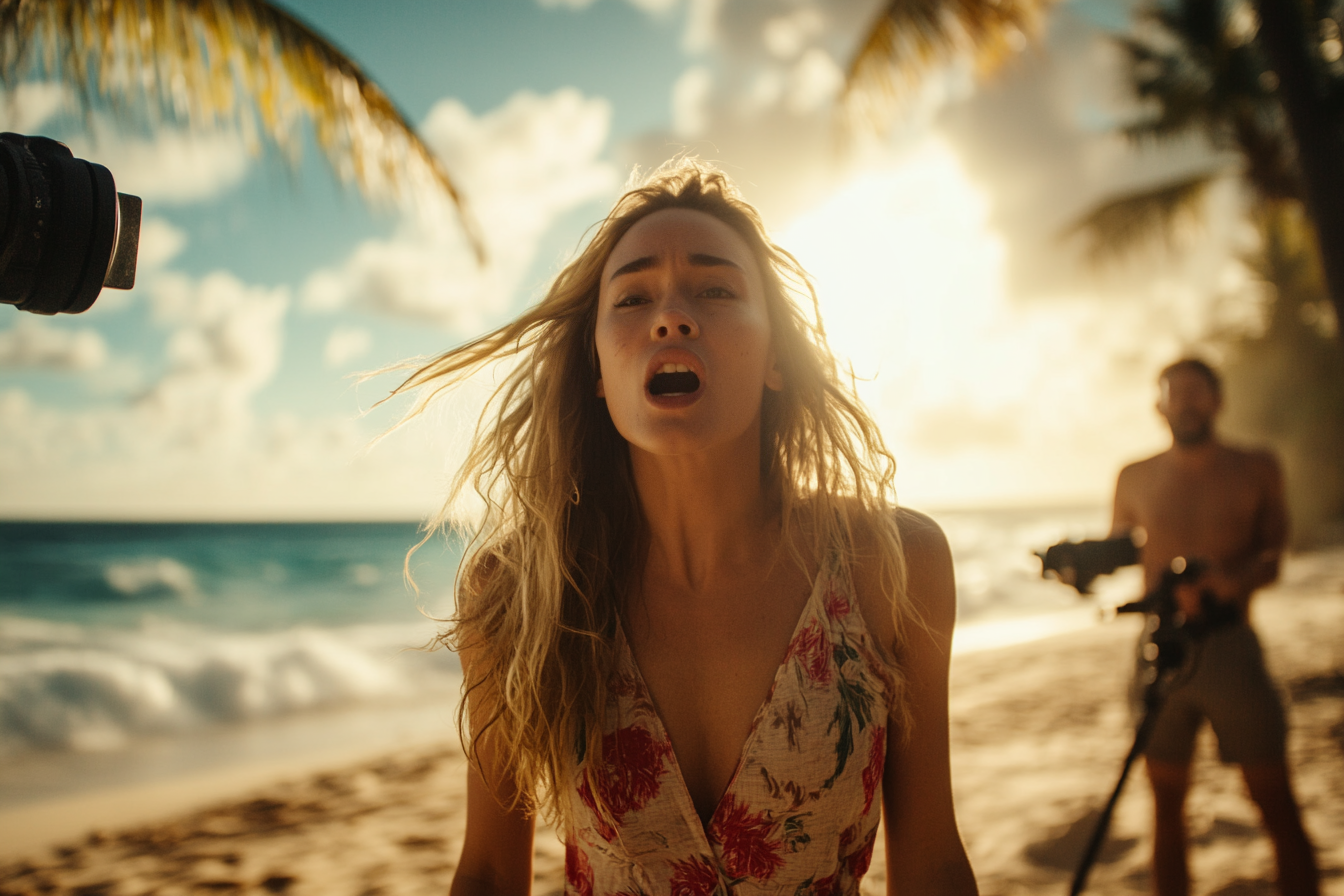 A woman yelling on a beach with cameras around her | Source: Midjourney