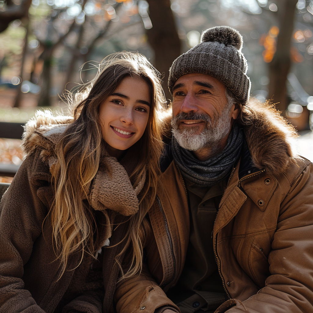 Daughter and hopeful father sitting in the park | Source: Midjourney