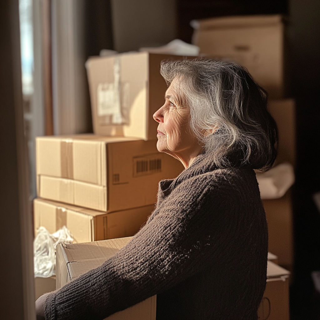 Elderly woman in a room full of boxes | Source: Midjourney