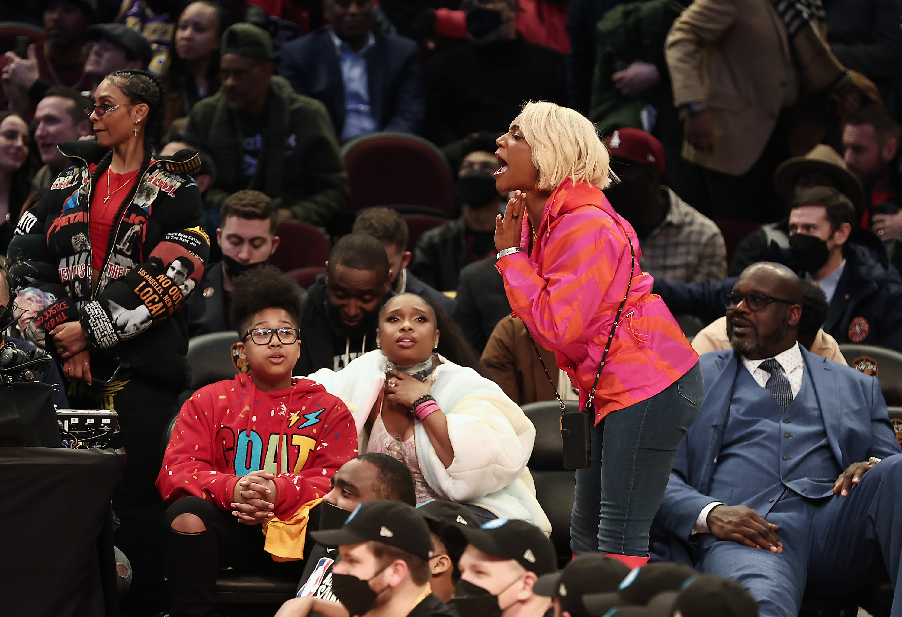 Jennifer Hudson, David Daniel Otunga Jr., Tiffany Haddish, and Shaquille O'Neal at the 2022 NBA All-Star Weekend in Cleveland, Ohio | February 19, 2022. | Source: Getty Images